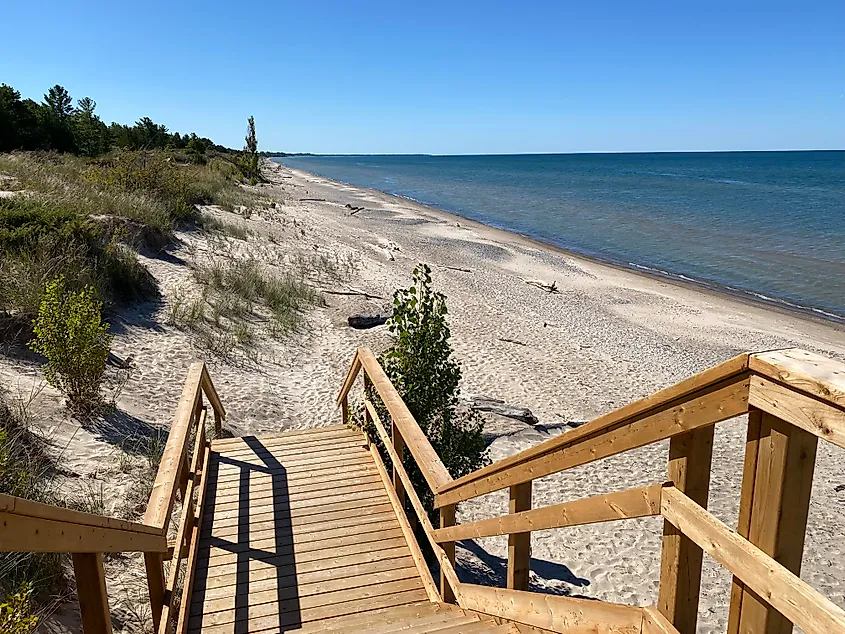 A wooden staircase leads down to a long, wild, and empty beach.