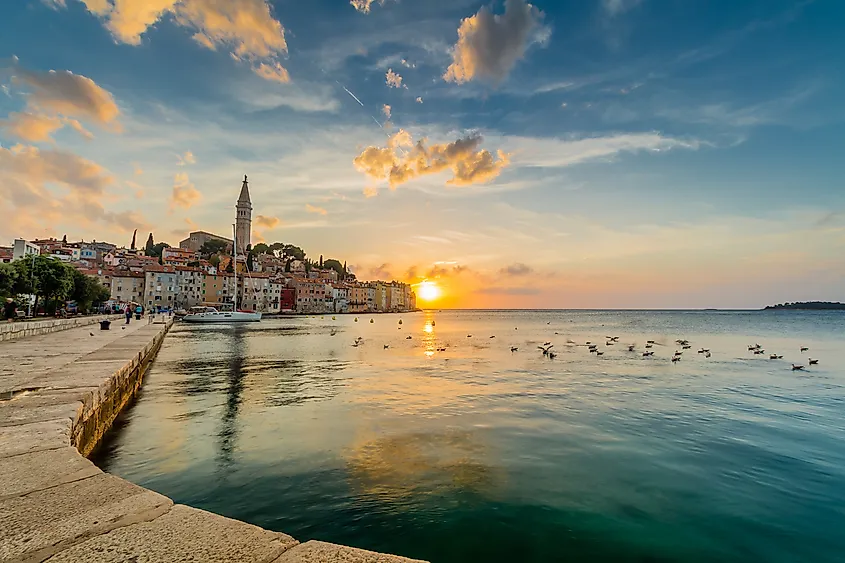 Beautiful romantic old town of Rovinj with magical sunset in the Istrian Peninsula,Croatia,Europe. 