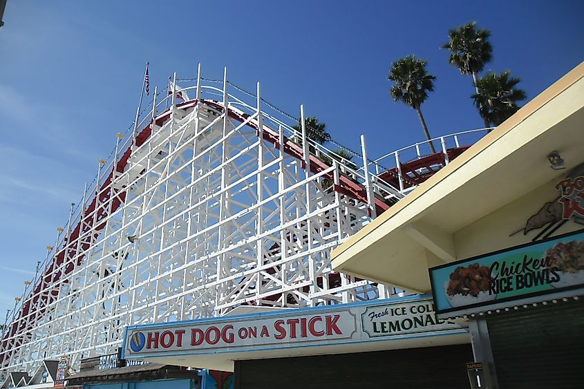 Giant dipper roller coaster in the amusement park.
