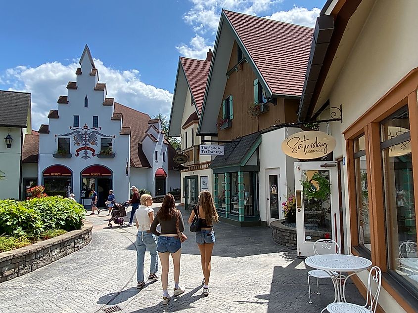 A group of women walk through a Bavarian imitation village full of little shops. 