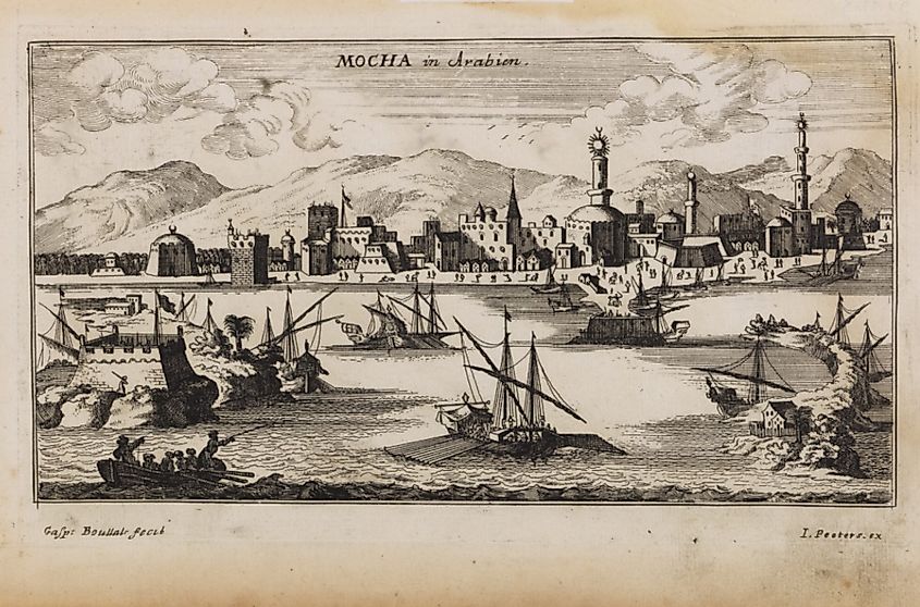 The port of Mocha depicted around 1690. Via Wikimedia Commons / Gaspar Bouttats - Paulus Swaen map gallery, Public Domain.