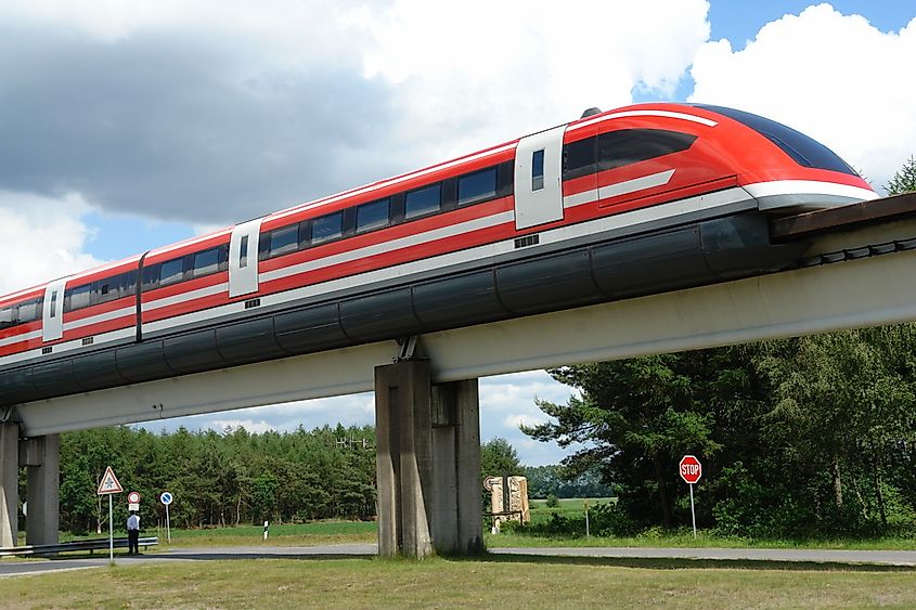 The Transrapid 09 monorail train on the Emsland Test Facility in Germany.