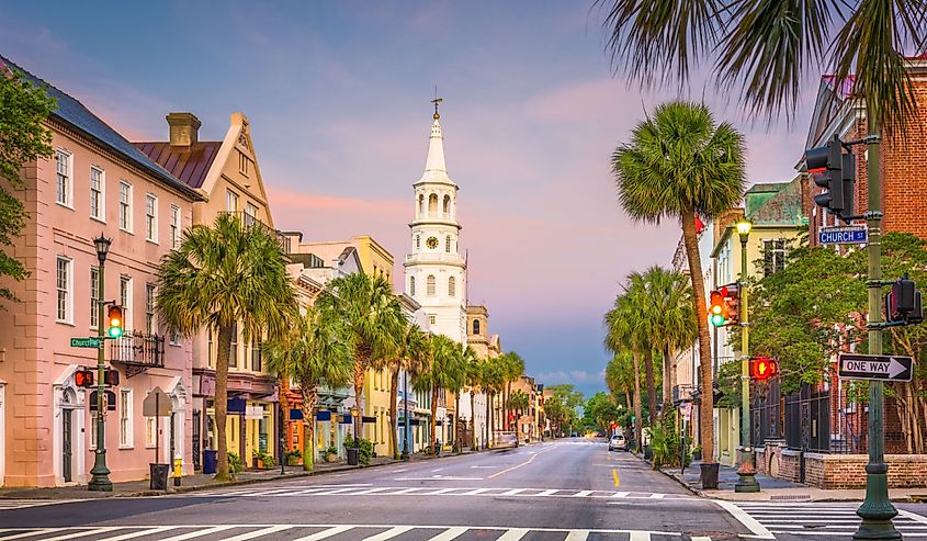 Charleston, South Carolina, USA cityscape in the historic French Quarter.