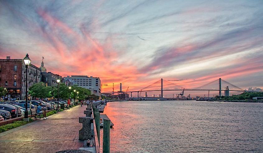 Savannah River Walk at dusk showing the new bridge