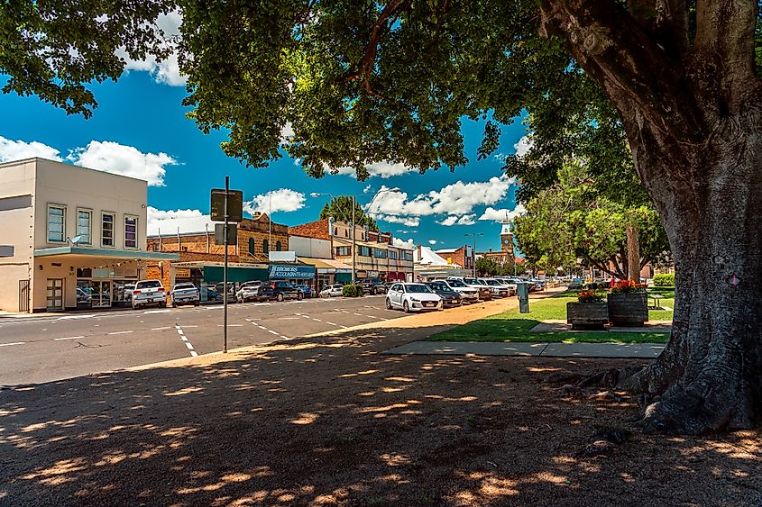 View of stores from Leslie Park in Warwick, Queensland, Australia
