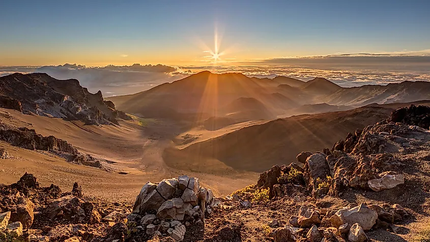 Sunrise light over the summit basin of Haleakalā National Park on Maui, Hawaii.