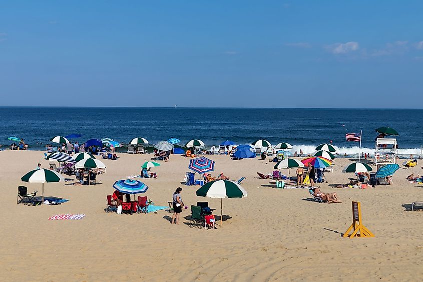 People relaxing on Long Branch beach in Long Branch, New Jersey.