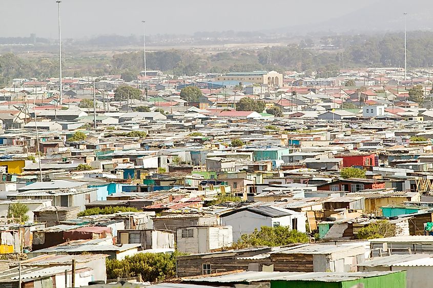 Elevated view of shanty towns or Squatter Camps, also known as bidonvilles, in Cape Town, South Africa