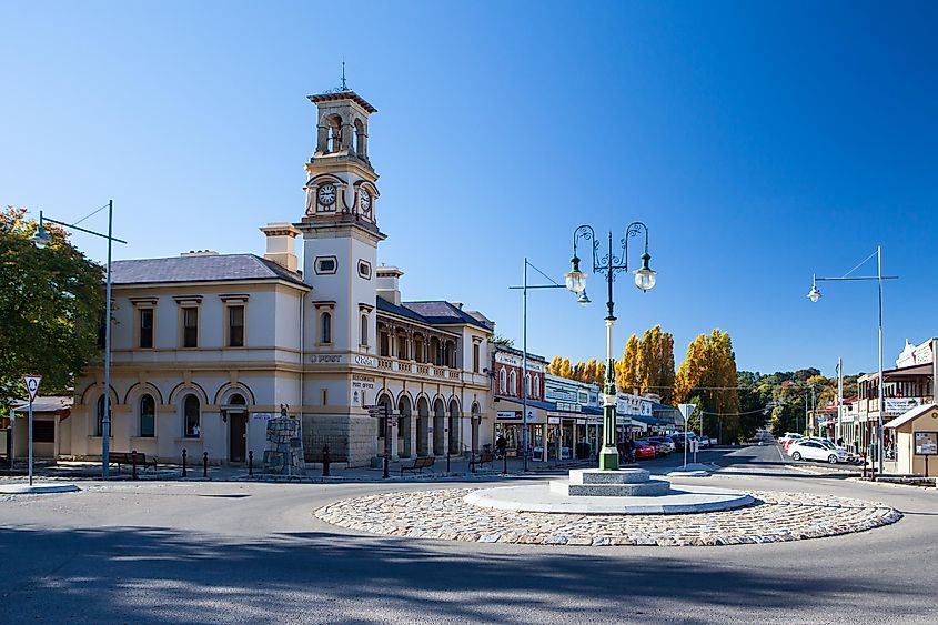 Historic Beechworth town center on a cold autumn day in Victoria, Australia