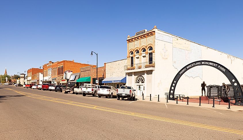 The Perry Wrestling Monument Park and the old business district on Delaware Street