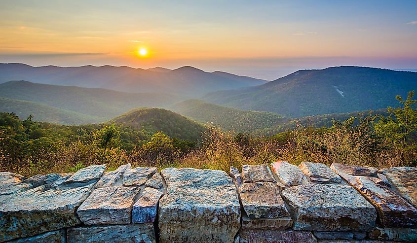 Sunset over the Blue Ridge Mountains, from Skyline Drive, in Shenandoah National Park, Virginia.