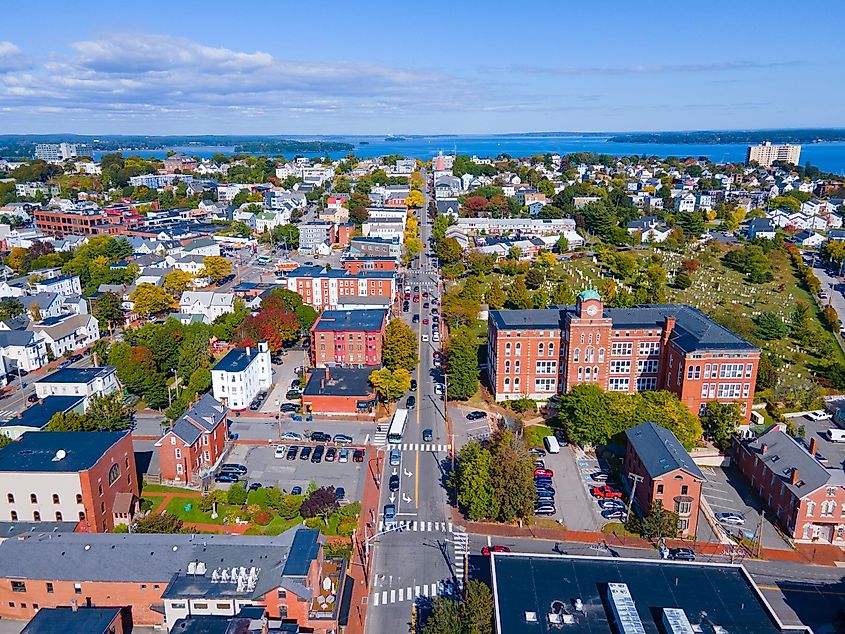 Aerial view of Munjoy Hill historic district on Congress Street from downtown Portland, Maine