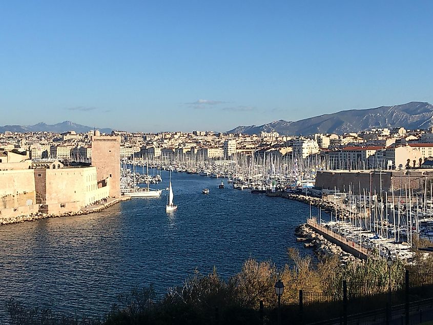 Marseille's sail-boat-lined Old Port as shown from the mouth of the inlet. 