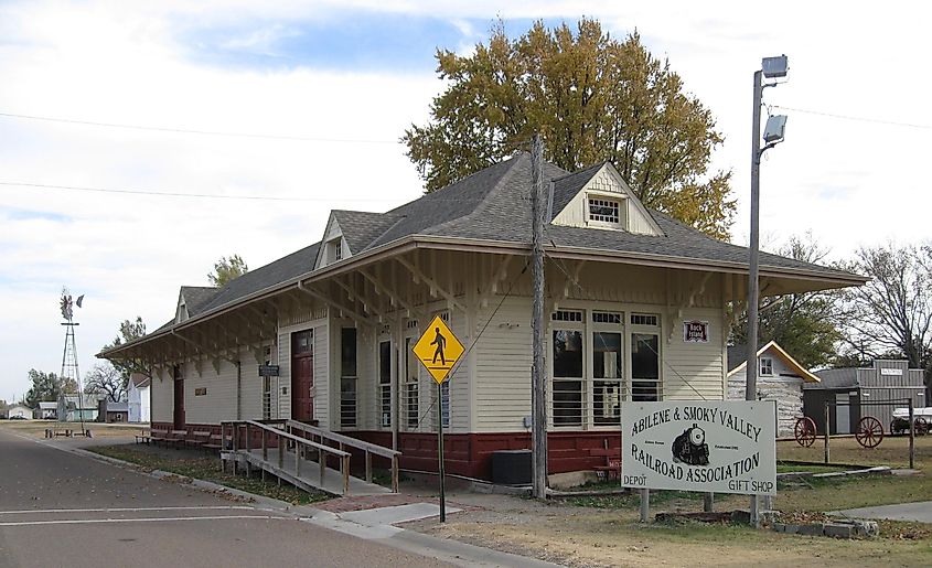 The former Rock Island Depot is a gift shop for the Abilene and Smoky Valley Railroad 