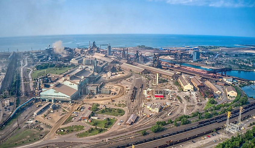 Aerial view of downtown Gary with the steel mill. 