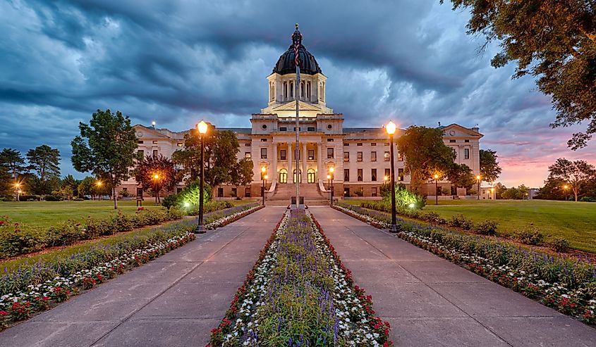 A storm rolls in at dawn at the South Dakota State Capitol building in Pierre, South Dakota