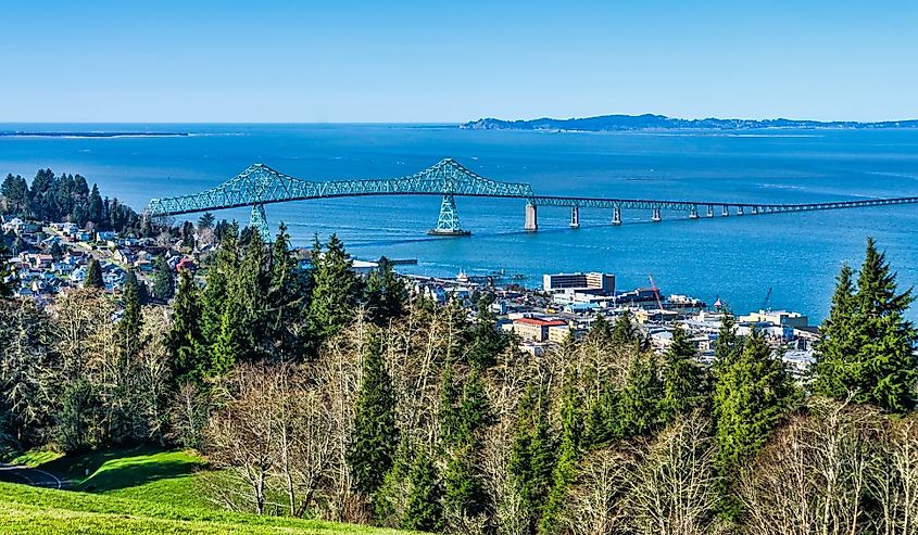 A view from above the Astoria-Megler bridge in Astoria, Oregon.