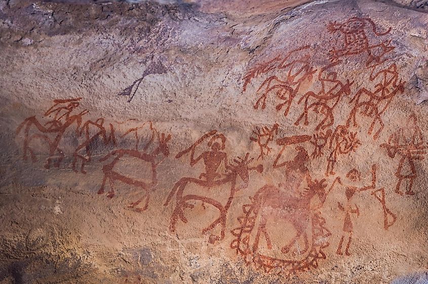 Ancient cave paintings in Bhimbetka, India, showing human presence in the area.