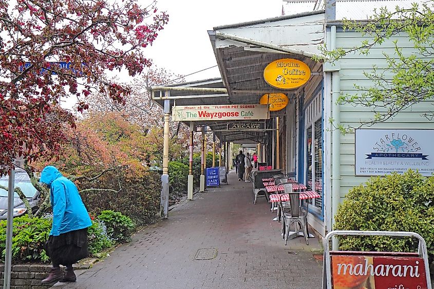 Shops and pedestrians along Leura Mall, the main thoroughfare through Leura, a rural gateway town to the Blue Mountains of New South Wales, Australia.