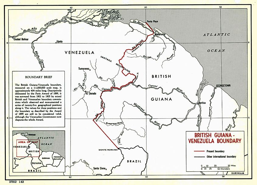 U.S. Department of State map of the Guyana-Venezuela border, dated March 14, 1963, showing the boundary inherited by British Guiana before Guyana's independence.