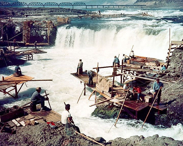 Dipnet fishing at Celilo Falls in the 1950s.