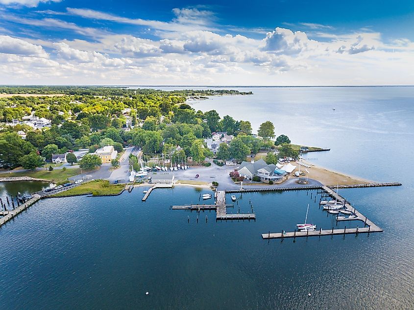 Aerial view of Oxford, Maryland on the Chesapeake Bay with clouds, water and shoreline.