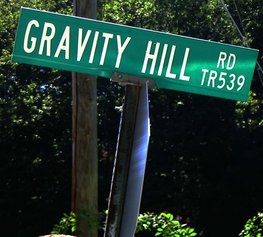 Sign for Gravity Hill Road in Bedford County, Pennsylvania.