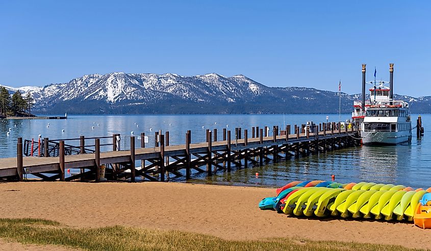 A quiet sunny Spring morning at Zephyr Cove beach, Lake Tahoe, California-Nevada, USA.