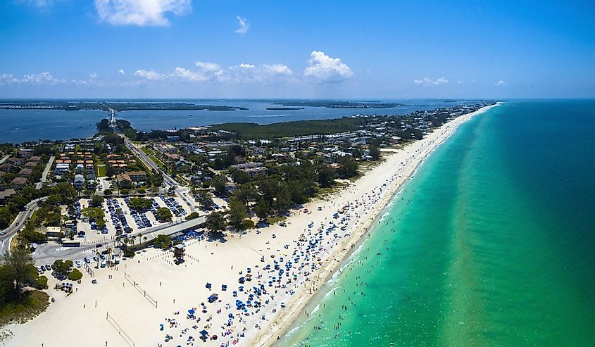 Aerial view of Anna Maria Island with people on the beach