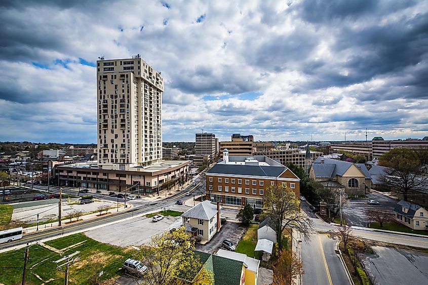 View of buildings in Towson, Maryland.