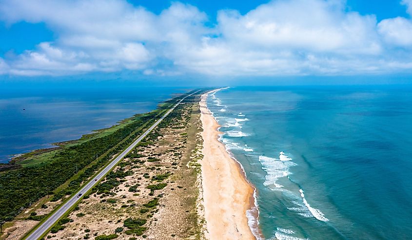 Aerial view of Hatteras Island looking North with route 12 in North Carolina