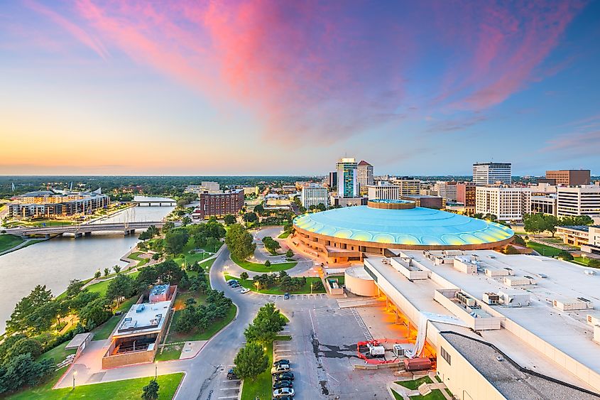 Wichita, Kansas, USA downtown city skyline at dusk.