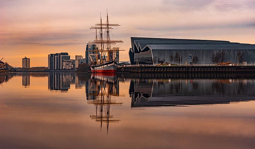 Glasgow Scotland 02 March 2021 reflection of ship at sunset over the river clyde, Glasgow March 2021