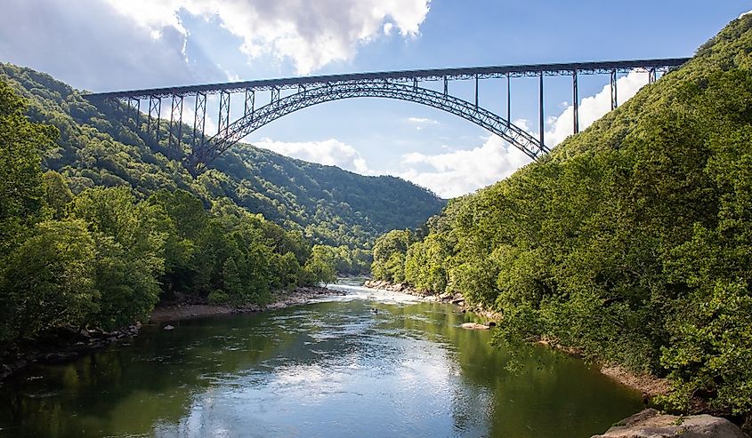 New River Gorge Bridge in West Virginia over the water in summer