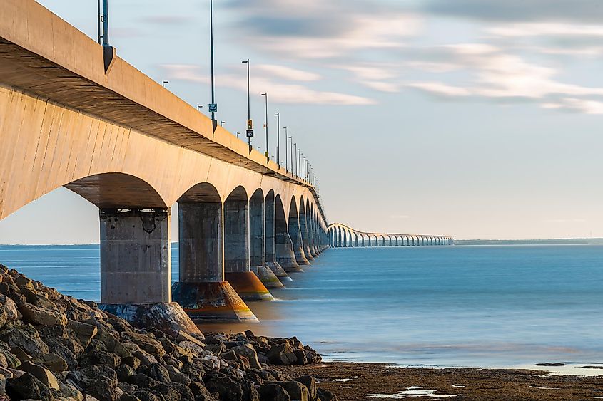 The Confederation Bridge that spans the Northumberland Strait from New Brunswick to PEI is the longest bridge in Canada