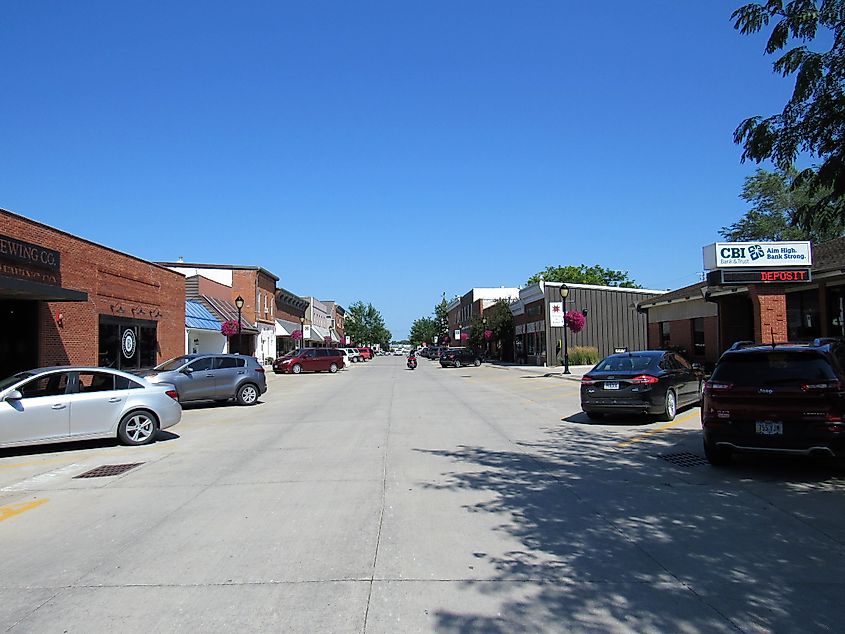 Downtown Kalona, Iowa with small businesses lining the street