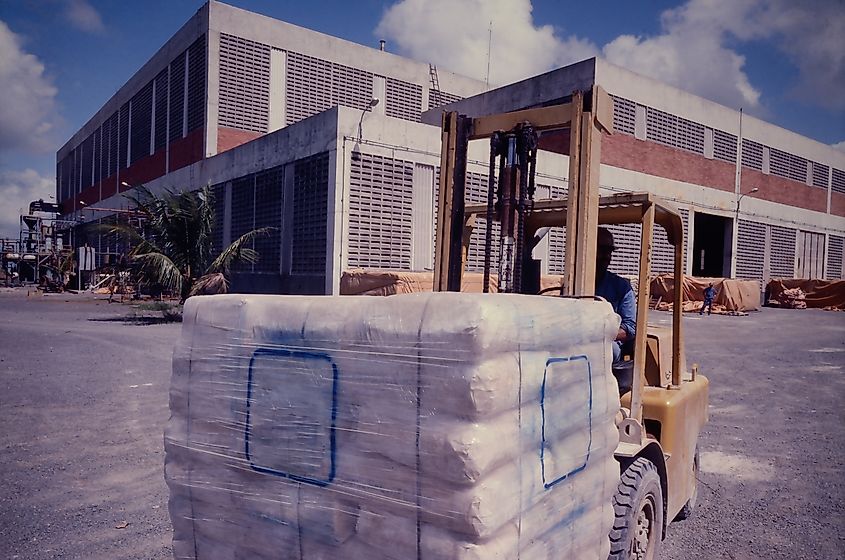 Production of barium sulfate packaged for industrial use being transported by forklift.