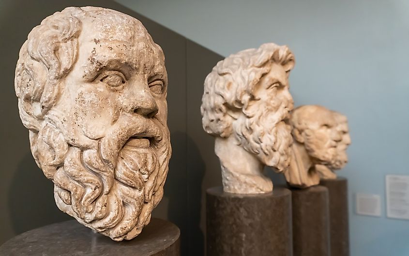 The British Museum, Greek philosophers - Socrates (Sokrates), Antisthenes, Chrysippus of Soli (Chrysippos) and Epicurus (Epikouros). Marble portrait heads of four philosophers.