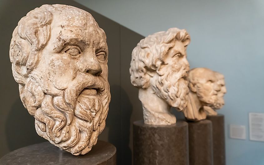 The British Museum, Greek philosophers - Socrates (Sokrates), Antisthenes, Chrysippus of Soli (Chrysippos) and Epicurus (Epikouros). Marble portrait heads of four philosophers.