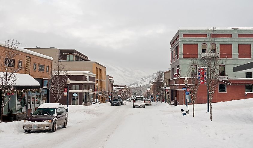 Downtown of Hood River, Oregon, after a snowfall in January.