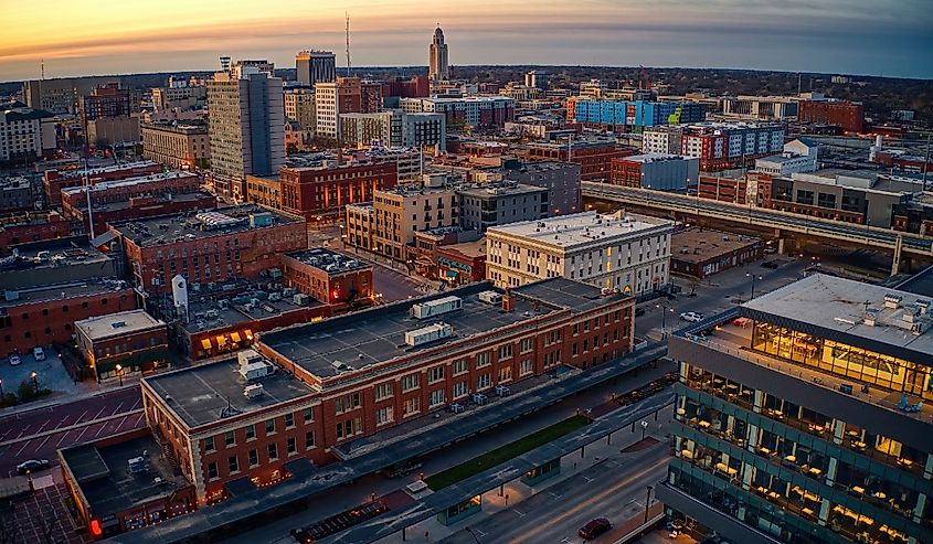 Aerial View of Downtown Lincoln, Nebraska at Twilight