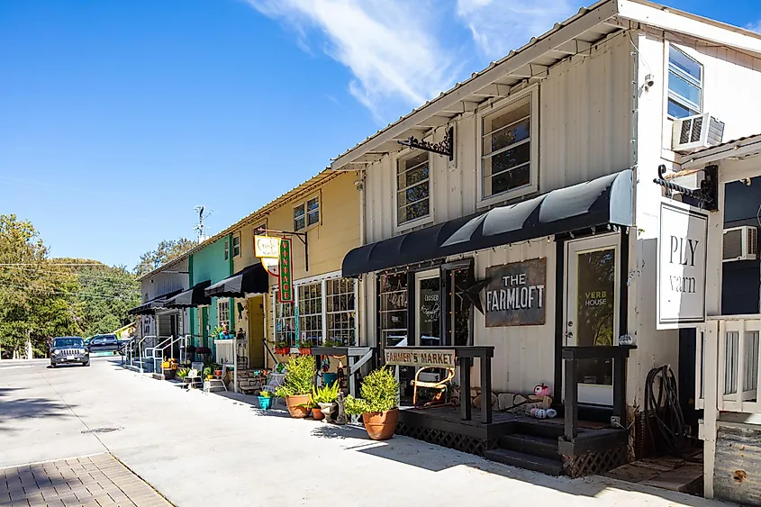 Small shops surrounding Wimberley Square in Wimberley, Texas.