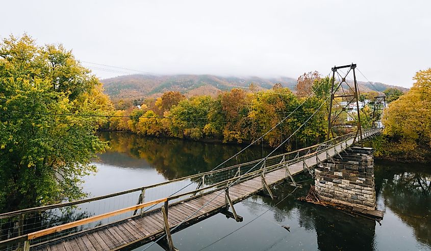 Swinging pedestrian bridge over the James River in Buchanan, Virginia