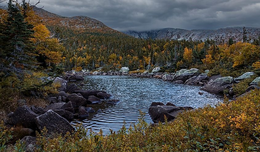 Basin Pond off Chimney Pond Trail in Baxter State Park on the Appalachian Trail, Maine in Autumn