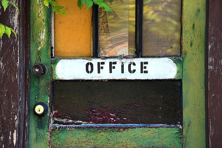 Office door in a ghost town called Pepper Sauce Alley, Calico Rock, Arkansas