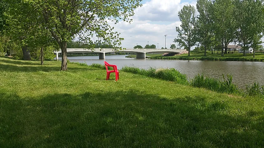 The Big Sioux River flowing under the Dell Rapids park bridge.