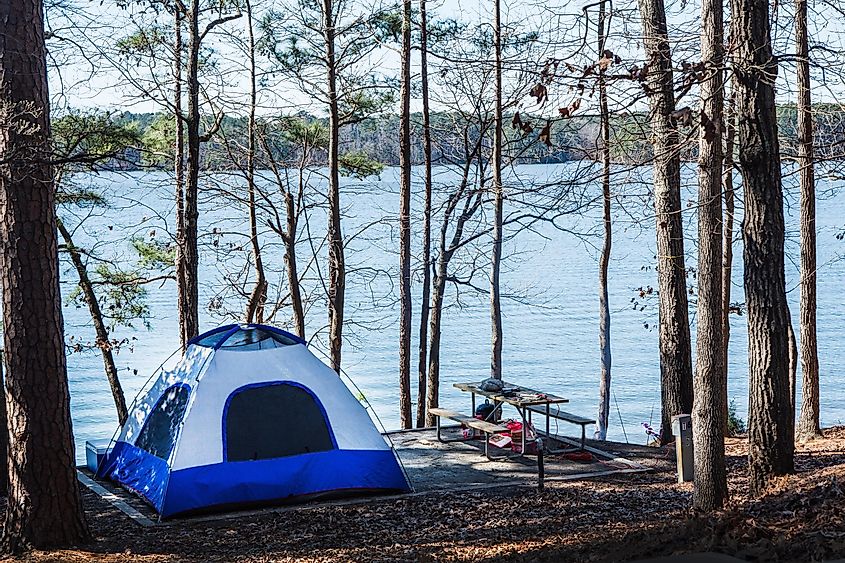 A camping tent along the beautiful Lake Murray.