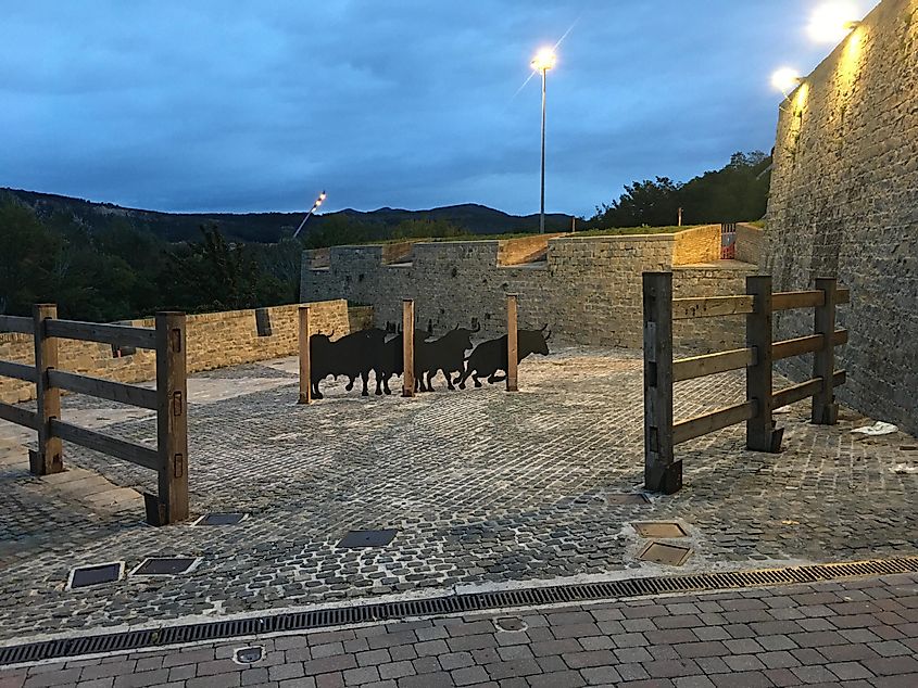 Bull statues wait patiently in a corral. This marks the start of the infamous bull-run during Pamplona's San Fermin Festival.