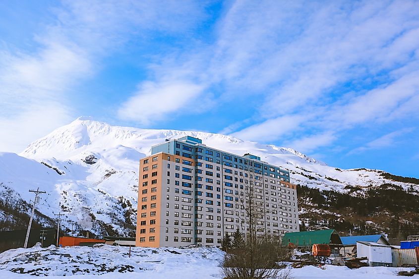 Begich Towers, Whittier, Alaska, in winter.