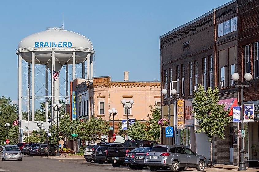 A Telephoto Shot Compressing Downtown Businesses and Restaurants and the Water Tower in Small Town Brainerd, Minnesota. Editorial credit: Sam Wagner / Shutterstock.com